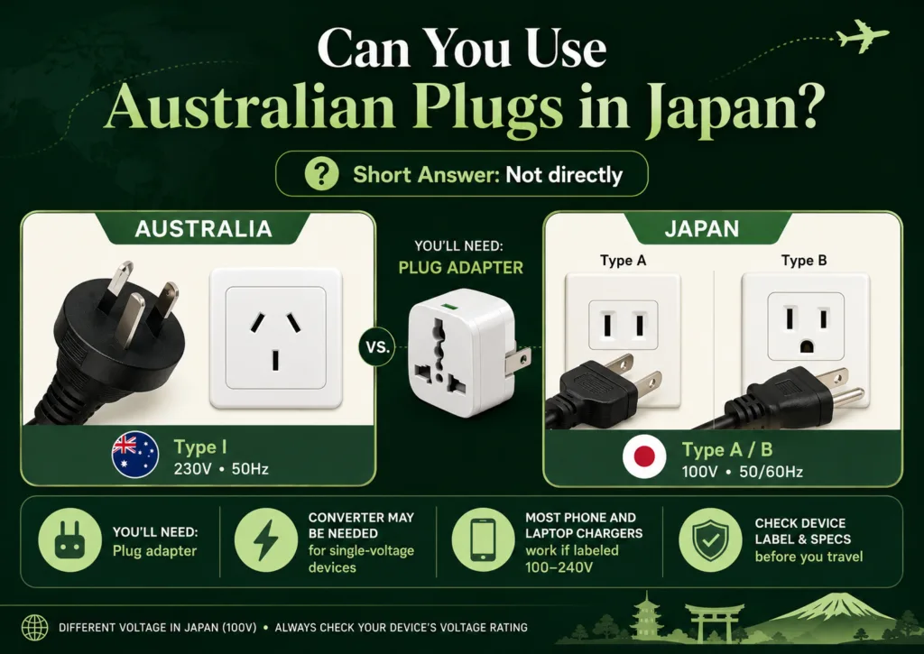 Australian to Japan plug adapter allows seamless connection between Australian plugs and Japanese power outlets.