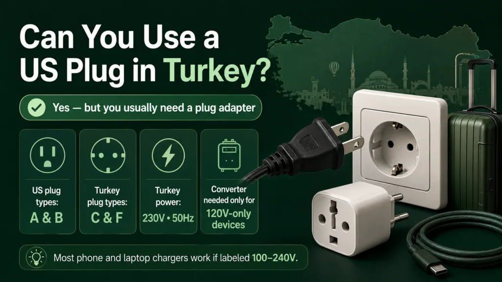 A US to Turkey plug adapter allows you to easily connect US electronic devices to Turkish power outlets.