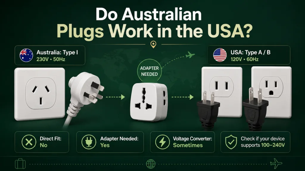 Australian to USA plug adapter setup showing how Australian plugs connect to US outlets for travel or device compatibility.