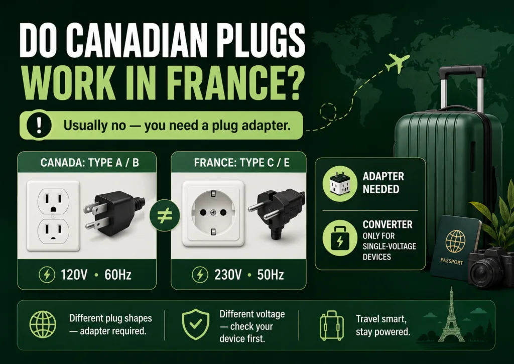 Canadians traveling to France need a plug adapter for their devices, ensuring compatibility with French electrical outlets.