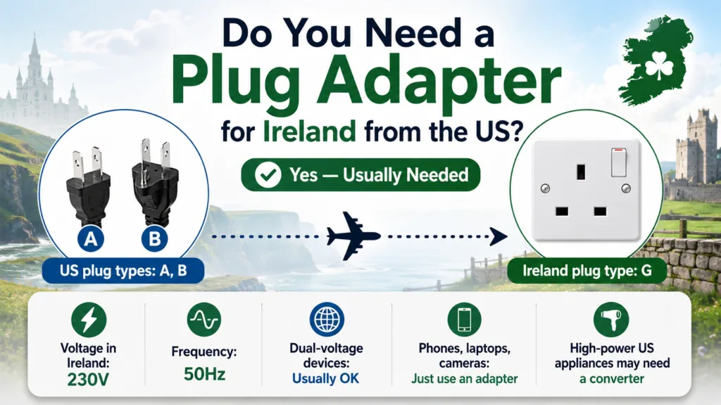 A US to Ireland plug adapter needed for seamless travel and electronics use between the US and Ireland.