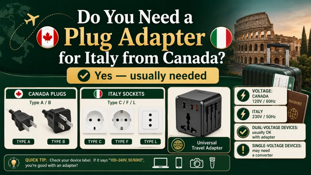 Canadian travelers in Italy need a plug adapter to connect their devices to Italian power outlets.