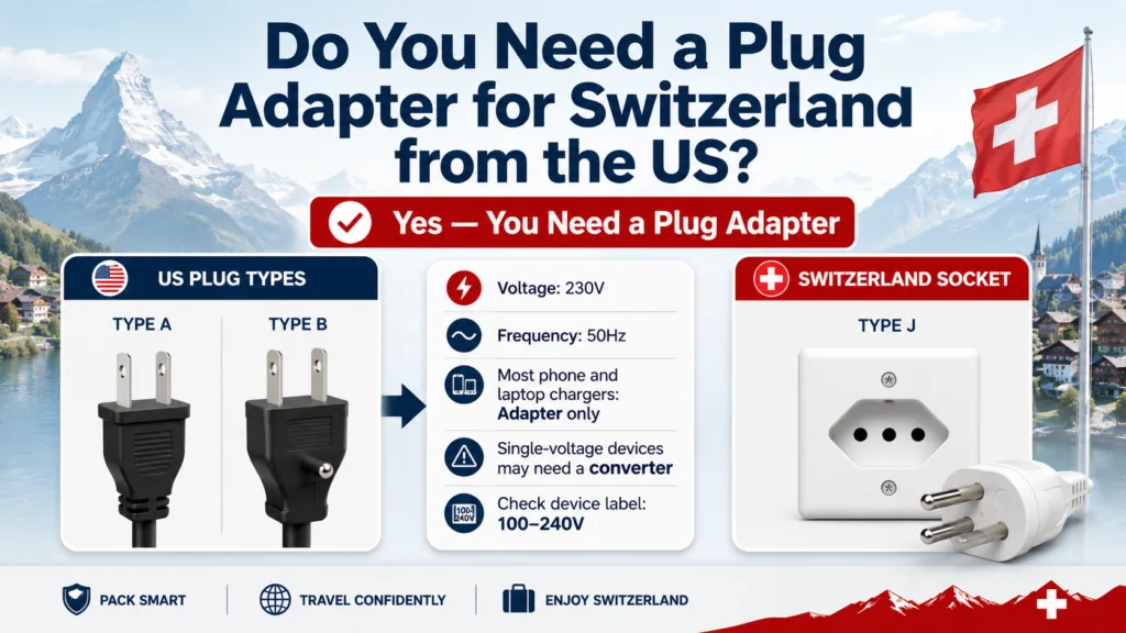 US travelers need a plug adapter for Switzerland to connect their devices safely and easily.