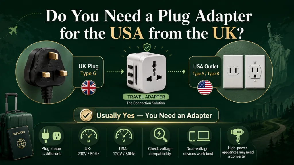 UK to USA plug adapter required for UK devices to work in the USA due to different electrical sockets.