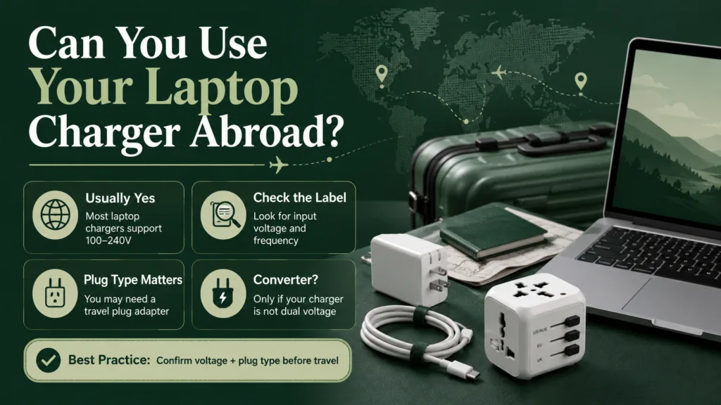 A person checking if they can use their laptop charger abroad with travel adapters and voltage considerations.