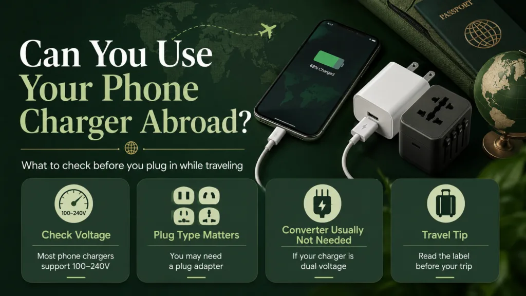 A person using a phone charger abroad with a plug adapter and USB connection for international compatibility.