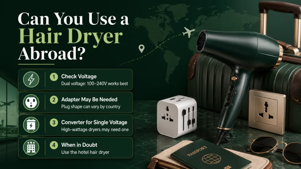 A hair dryer and travel power adapters with a world map background, showing tips on using a hair dryer abroad.
