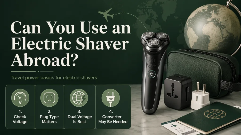 A person holding an electric shaver with a travel adapter on a dark green background, showing can you use an electric shaver abroad.