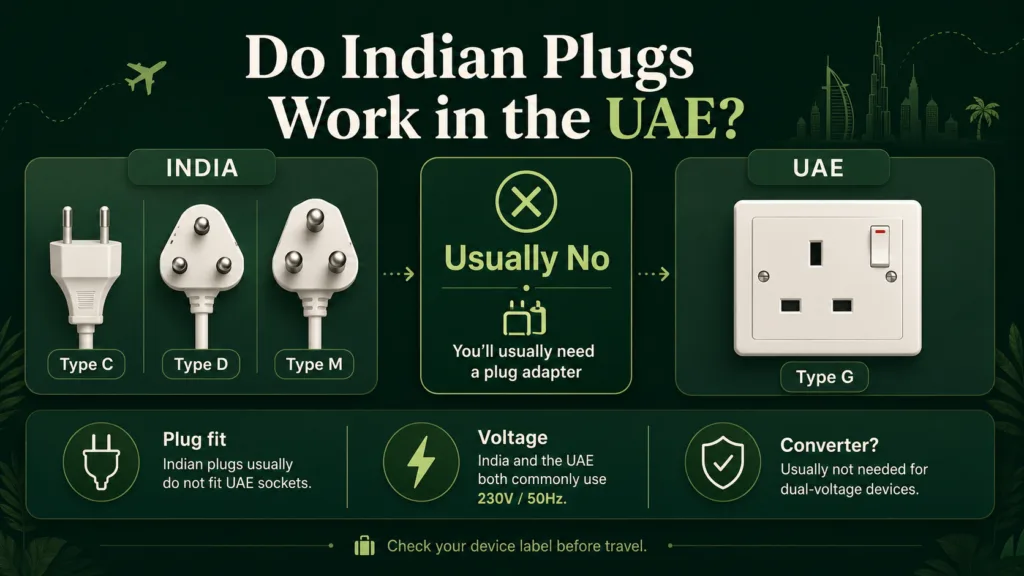 India to UAE plug adapters may not work directly due to voltage and plug compatibility issues, so check before use in the UAE.