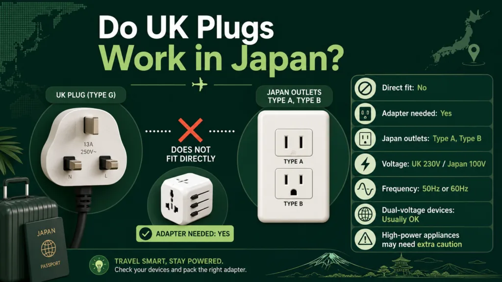 UK to Japan plug adapter allows UK plugs to fit Japanese outlets for seamless compatibility.