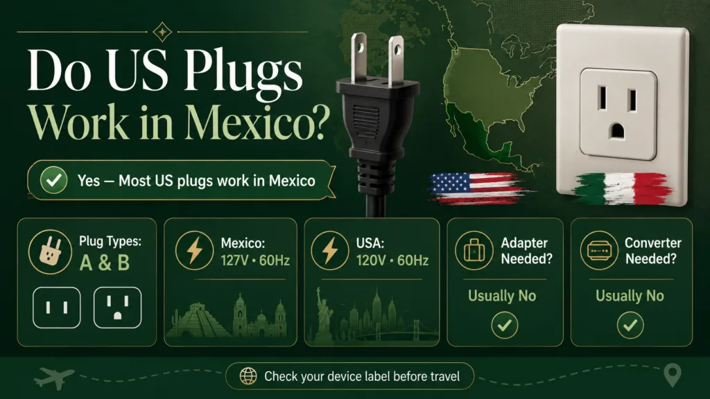 US plugs work in Mexico with a USA to Mexico plug adapter for easy device compatibility.