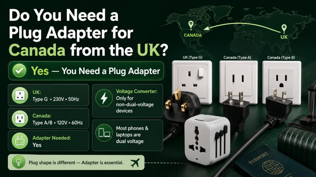 UK to Canada plug adapter needed for seamless power connection when traveling from the UK to Canada.