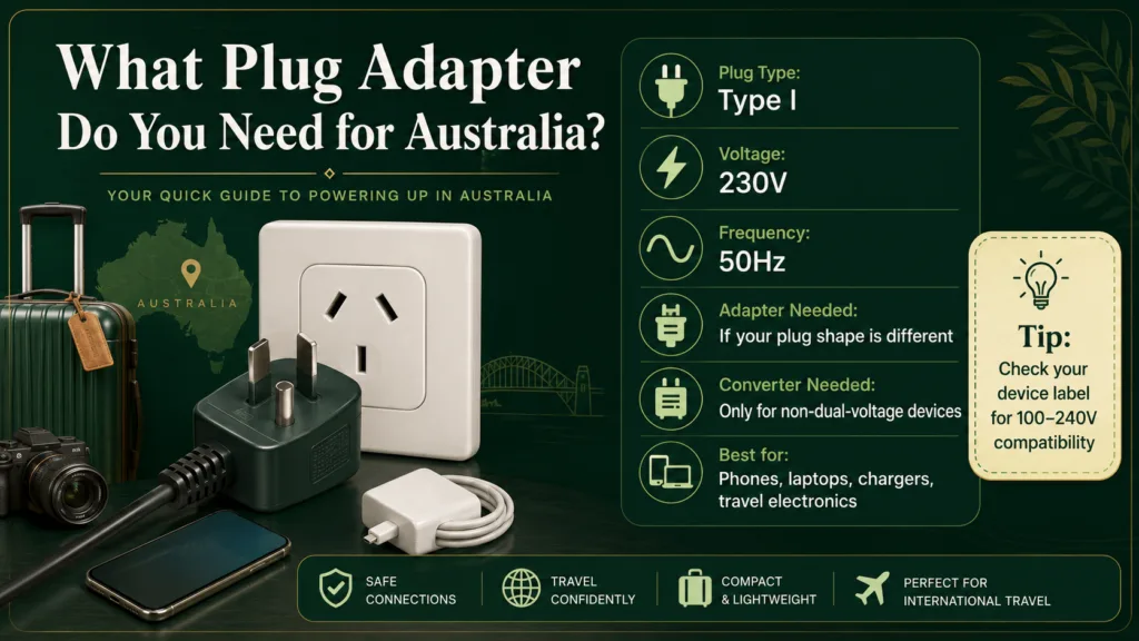 A travel adapter needed for Australia shows a plug connecting to an Australian outlet in an easy-to-understand image.