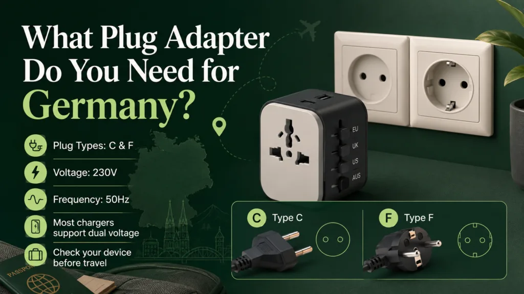 A photo showing different types of travel adapters needed for Germany, perfect for travelers looking for the right germany travel adapter.