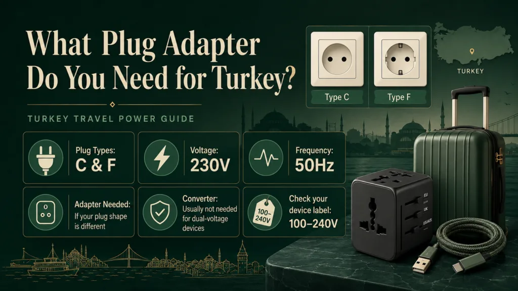 A travel adapter for Turkey with a power plug and socket compatibility guide for safe international travel.