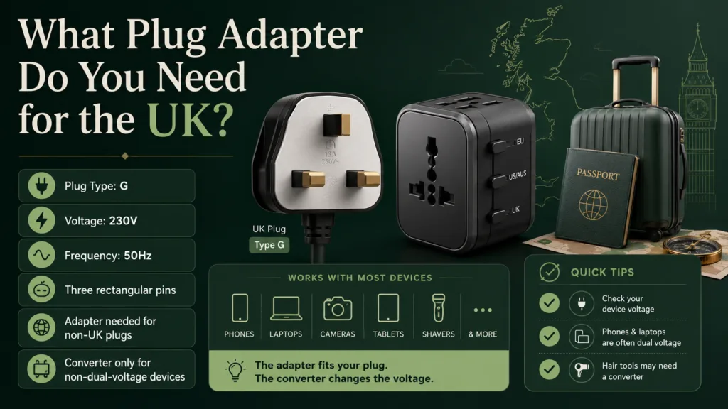A UK travel adapter needed for plugging in electronics when traveling to the UK.
