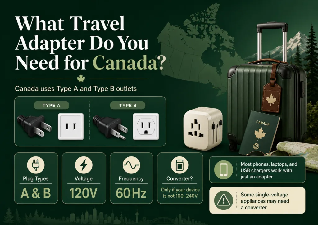 A travel adapter suitable for Canadian outlets, making it easy to connect your electronic devices during your trip to Canada.
