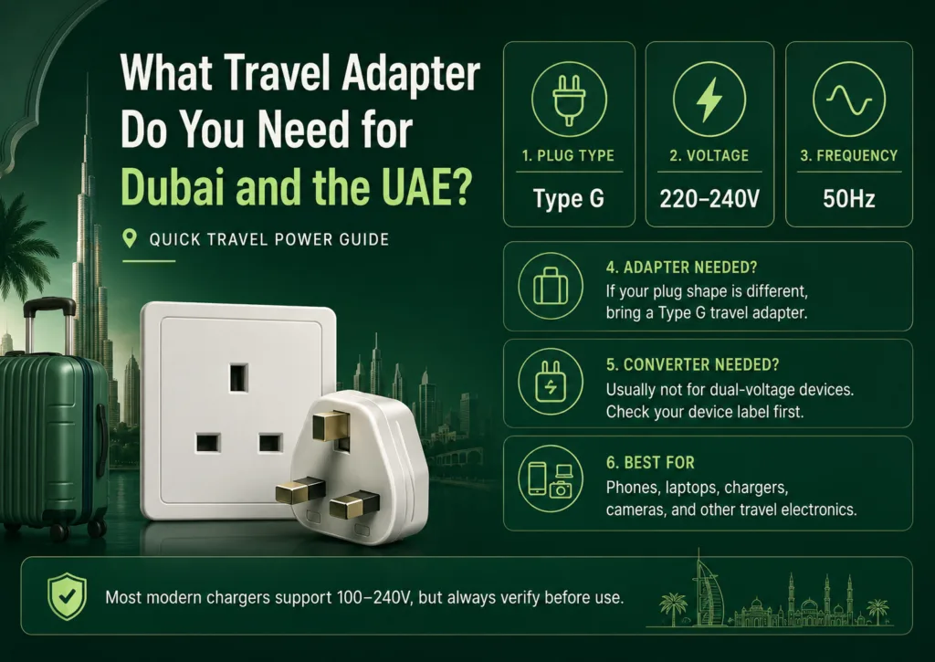 UAE travel adapter essentials for Dubai and the UAE with a Type G plug and 220-240V compatibility for easy international travel.