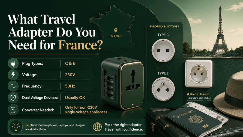A travel adapter suitable for use in France, designed to fit French power outlets for seamless international travel.