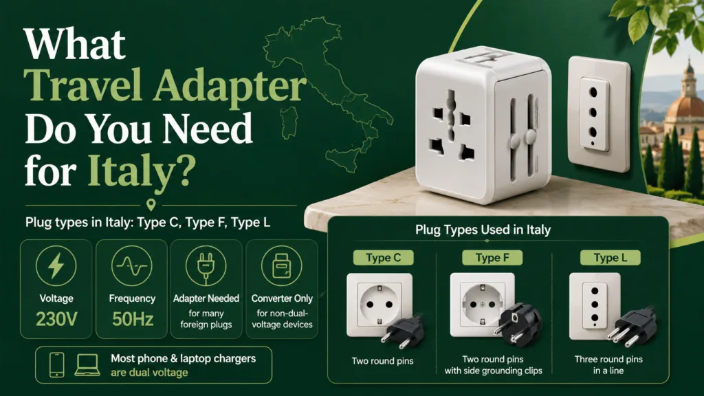 A travel adapter suitable for Italy, showing different plug types and compatibility for a seamless trip to Italy.