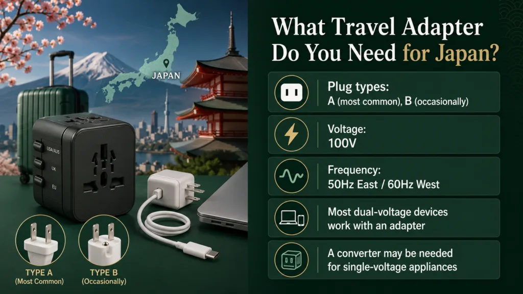 A Japan travel adapter guide showing plug types, voltage, and compatibility for travelers heading to Japan.