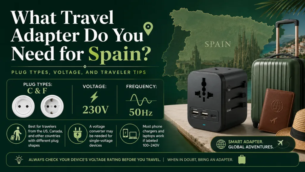 A Spain travel adapter with voltage and frequency details, essential for charging devices safely during your trip to Spain.