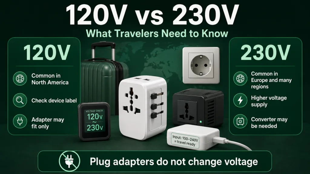 Travelers compare 120V and 230V power options with plug adapters for safe and convenient international travel.