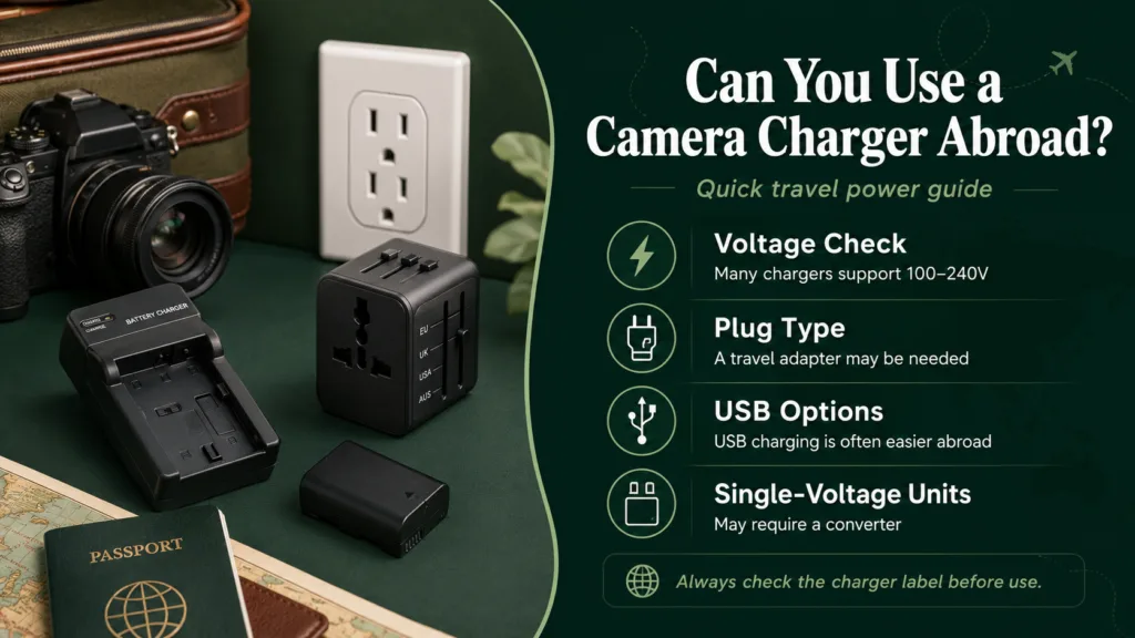 A guide explaining if you can use a camera charger abroad, including voltage, plug types, and adapter tips for international travel.
