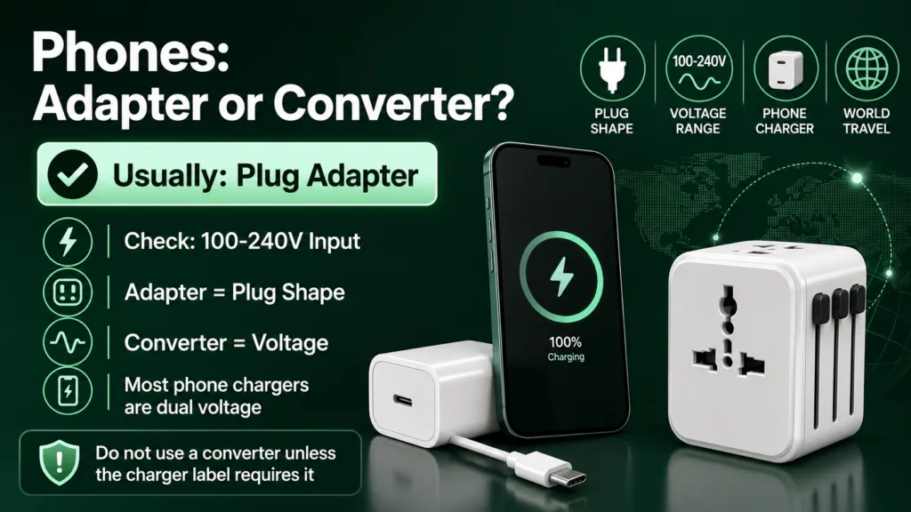 Phone charging setup explaining when to use a plug adapter or voltage converter for safe international travel.