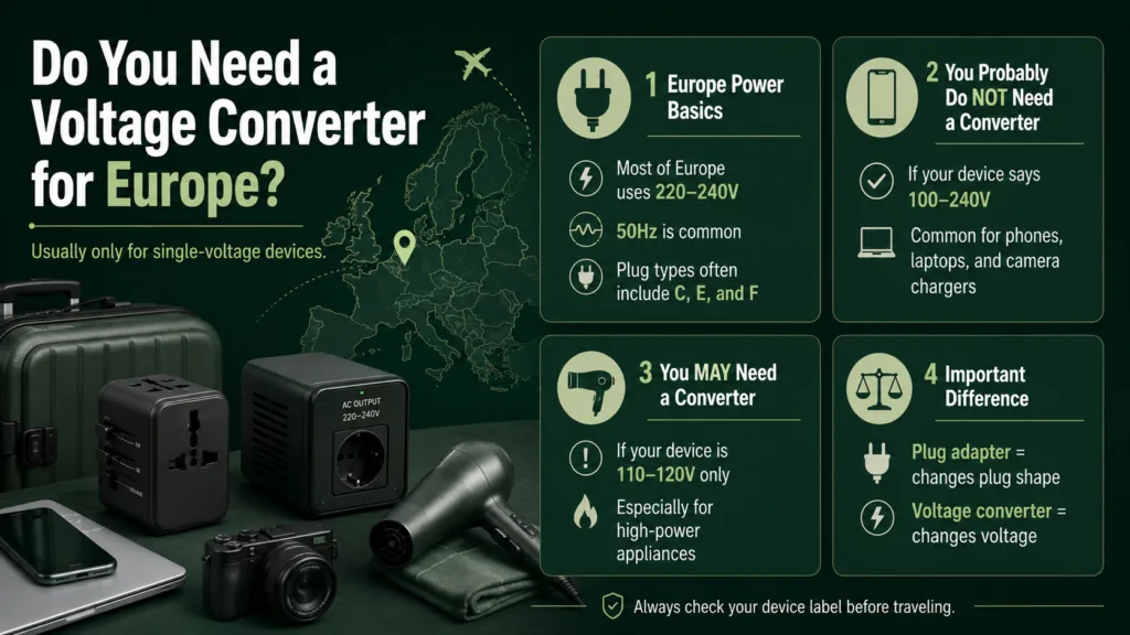 A guide explaining whether you need a voltage converter for Europe and how to use one safely during your travels.