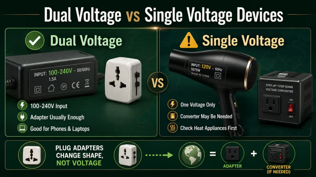 Comparison of dual voltage and single voltage devices showing compatibility, advantages, and differences for travelers and electronics.