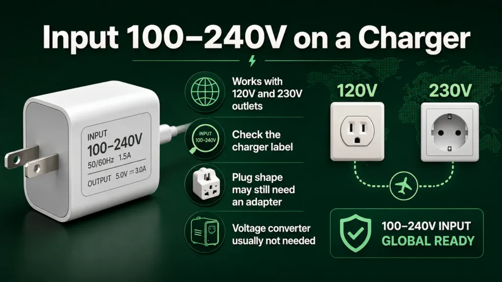 Power adapter showing input 100–240V, indicating it can be used with different voltage standards worldwide for universal charging.