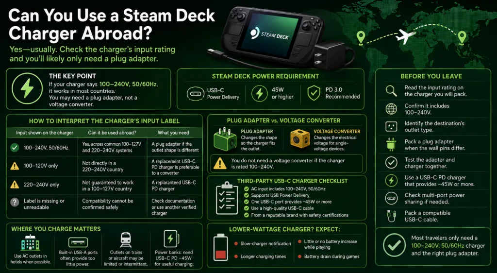 Guide on using a Steam Deck charger abroad safely and confidently for international travel.