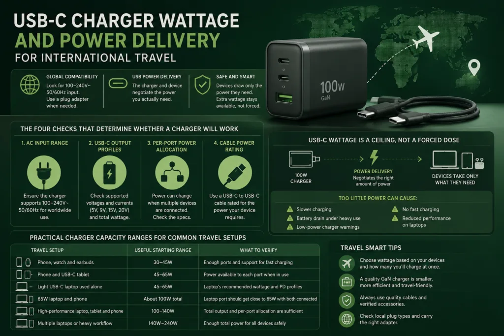 Compact USB-C charger for international travel with high wattage and fast power delivery options for optimal device charging.