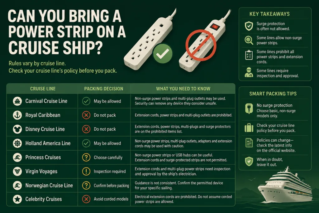 Guide on bringing a power strip on a cruise ship, including safety tips and important regulations for electrical devices onboard.