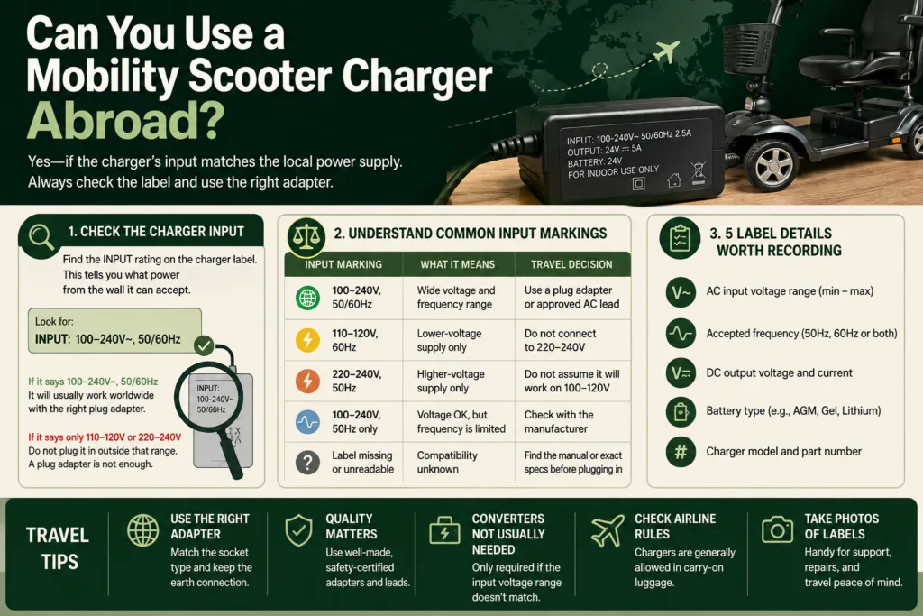 Guide on using a mobility scooter charger abroad to ensure safety and compatibility during travel.