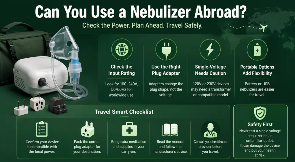 Guide on using a nebulizer abroad with tips on checking input ratings and travel tips for asthma management.