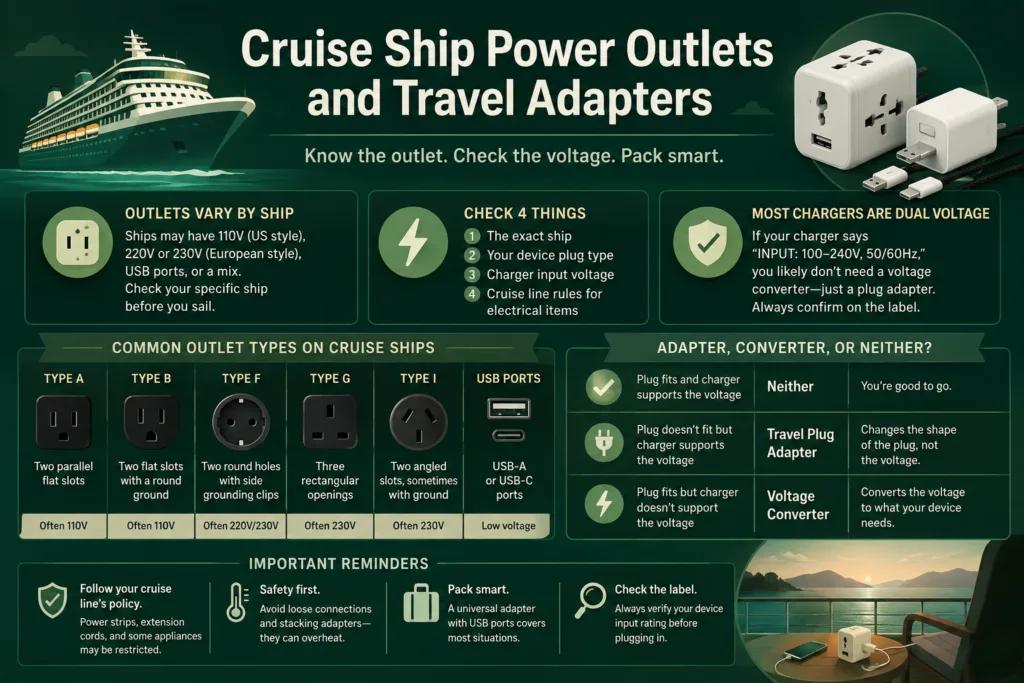Cruise ship power outlets and travel adapters help travelers stay connected and charged while on deck or in cabins
