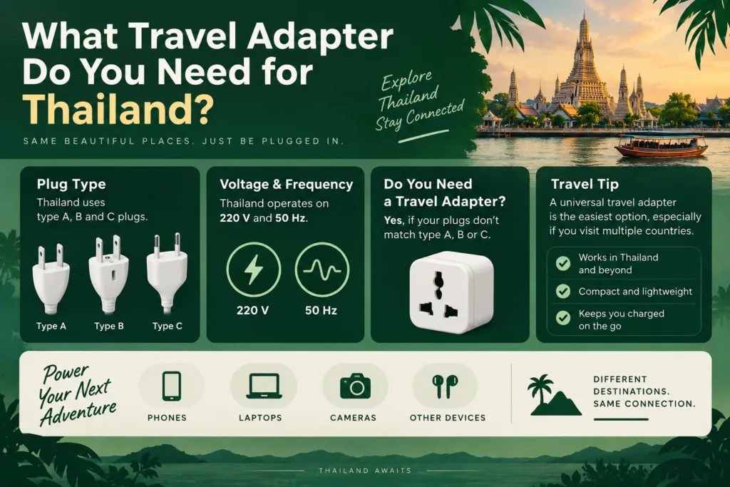 Thailand travel adapter guide showing essential tips for choosing the right plug type and voltage compatibility for trips.