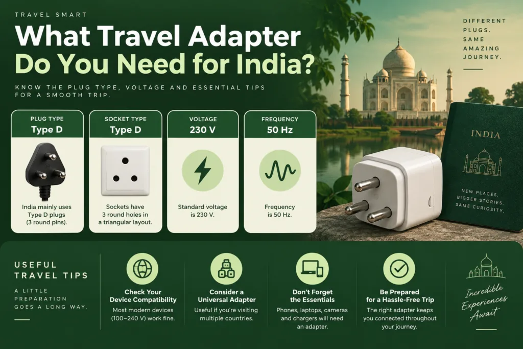 Compact India travel adapter suitable for various plug types, ensuring seamless power connection for your electronics in India.
