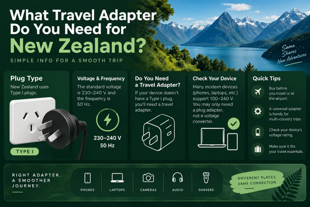 Guide showing the right travel adapter for New Zealand with plug types and voltage specifications for hassle-free trips.