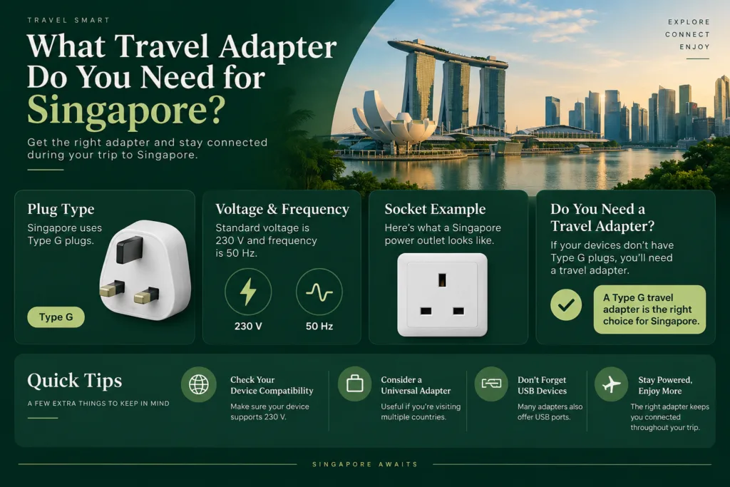Singapore travel adapter with universal plug and voltage converter for hassle-free charging in Singapore.