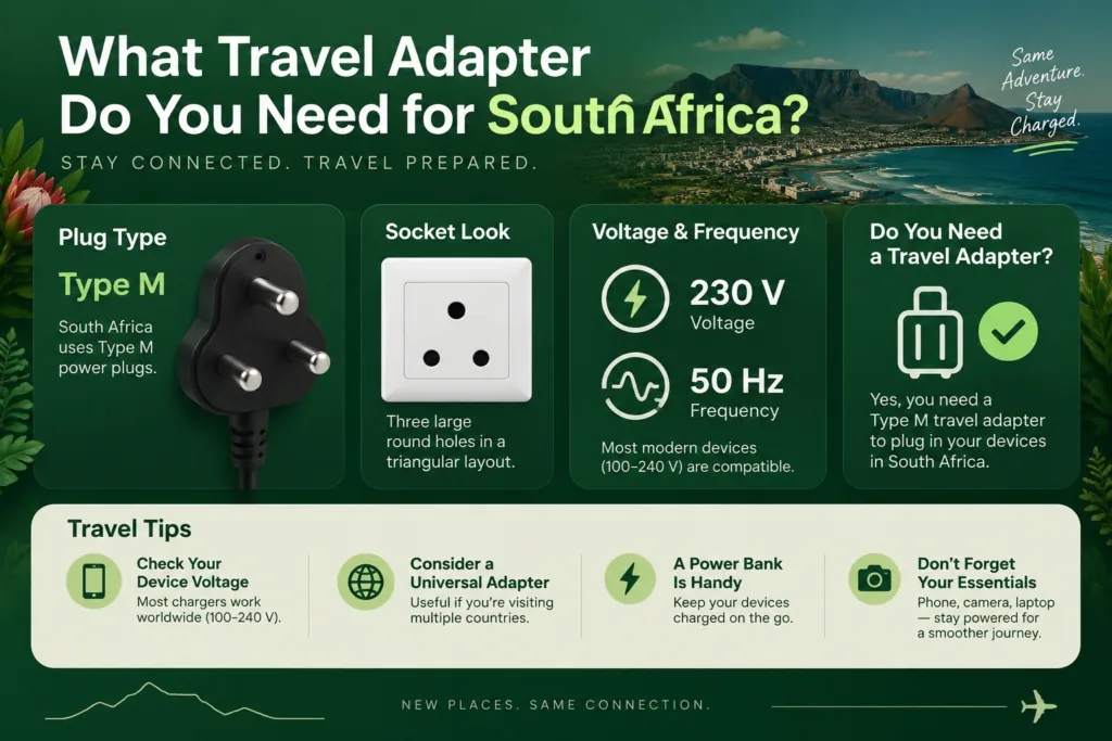South Africa travel adapter compatible with local socket types, voltage, and frequency for easy plug compatibility during trips.